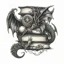 book stack with 2 dragons, golden snitch, poppy flower, acotar tattoo design idea