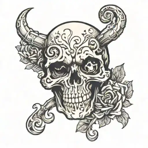 a skull with heart eyes bulging looking to the right tattoo design idea