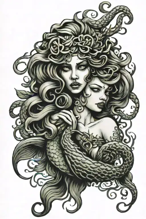 Medusa and siren mermaid tattoo design idea