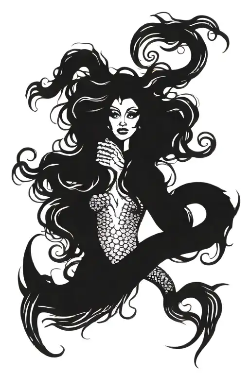 mermaid siren tattoo mixed with Medusa full body , siren having long big hair , snakes of Medusa wrapped around.   tattoo design idea