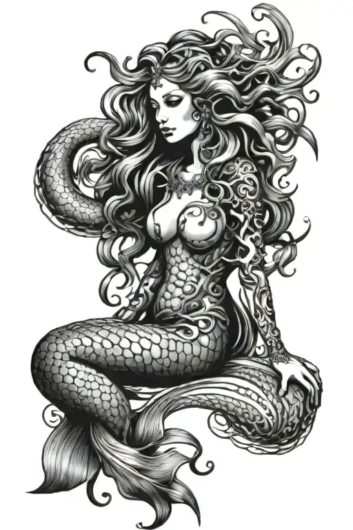 mermaid siren tattoo mixed with Medusa full body   tattoo design idea