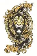 lion in a forest with claw marks reveling the word tattoo design idea