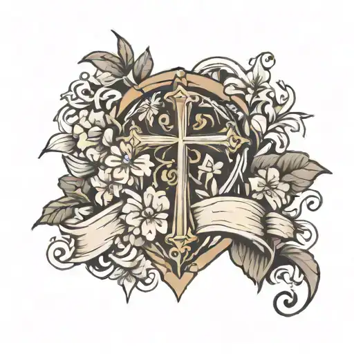 banner, with cross and flowers tattoo design idea