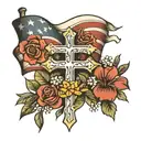 war flag banner, with cross and flowers blooming tattoo design idea