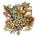 war flag banner, with cross and flowers blooming tattoo design idea