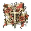 war flag banner, with cross and flowers blooming tattoo design idea