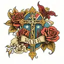 war flag banner, with cross and flowers blooming tattoo design idea