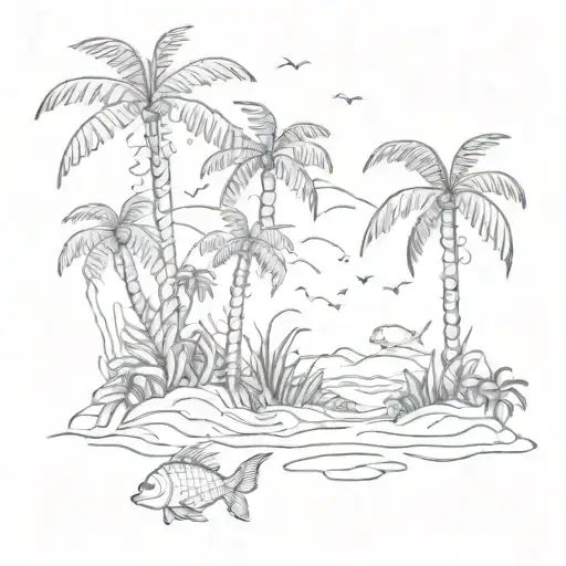 underwater beach scene with palm and animals tattoo design idea