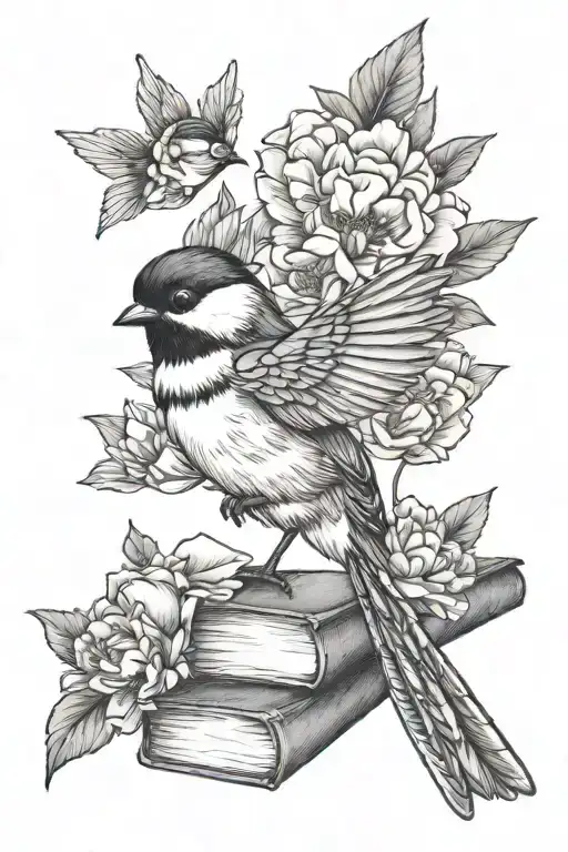 flying chickadee with books and peonies  tattoo design idea