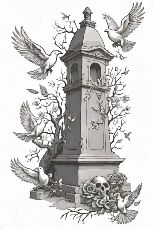A tattoo design combining elements of death and peace, with a serene graveyard scene surrounded by peaceful doves tattoo design idea