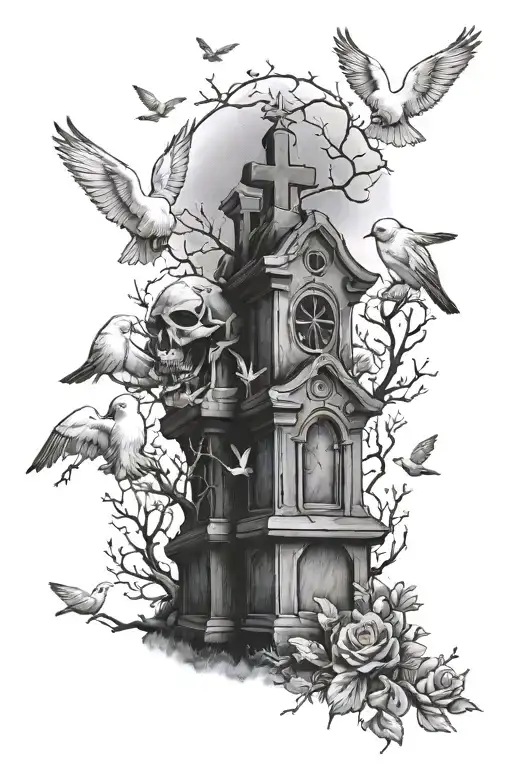 A tattoo design combining elements of death and peace, with a serene graveyard scene surrounded by peaceful doves tattoo design idea