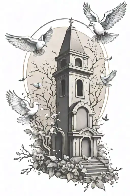 A tattoo design combining elements of death and peace, with a serene graveyard scene surrounded by peaceful doves tattoo design idea