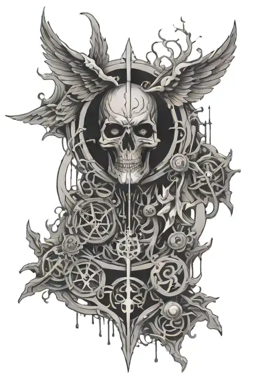 An abstract design symbolizing the balance between death, power, the darkside, and peace, in a black-grey style tattoo design idea
