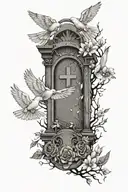 A tattoo design combining elements of death and peace, with a serene graveyard scene surrounded by peaceful doves tattoo design idea