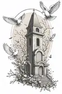 A tattoo design combining elements of death and peace, with a serene graveyard scene surrounded by peaceful doves tattoo design idea