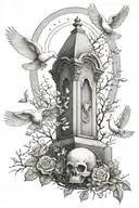 A tattoo design combining elements of death and peace, with a serene graveyard scene surrounded by peaceful doves tattoo design idea