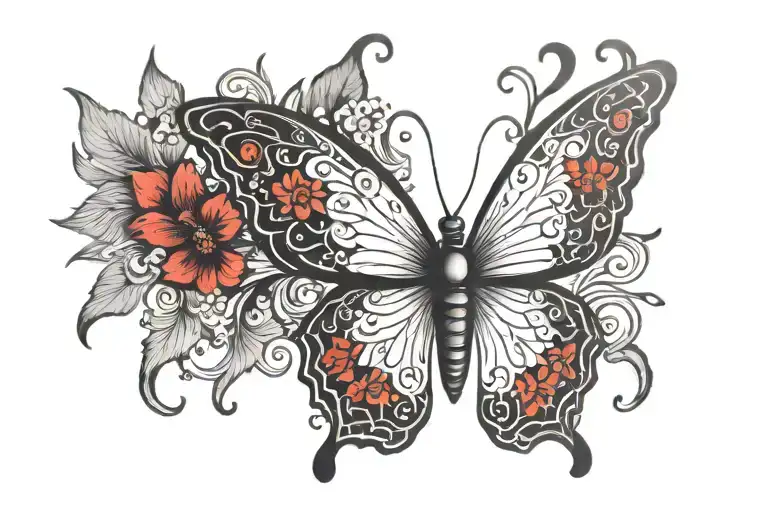 black and white butterfly with red accents. Chinese and gothic influences   tattoo design idea