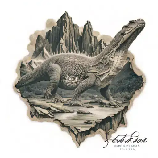 arm Sleeve komodo Dragon in front of mountain range tattoo design idea