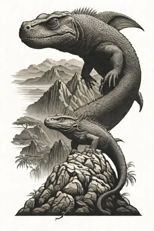 komodo Dragon in front of mountain range silhouette tattoo design idea