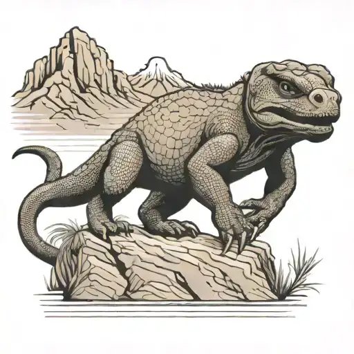 komodo Dragon in front of mountain range surrounded tattoo design idea