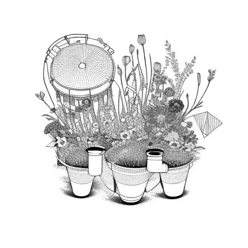 A drum set surrounded by vibrant flowers and birds tattoo design idea