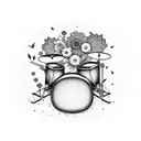 A drum set surrounded by vibrant flowers and birds tattoo design idea