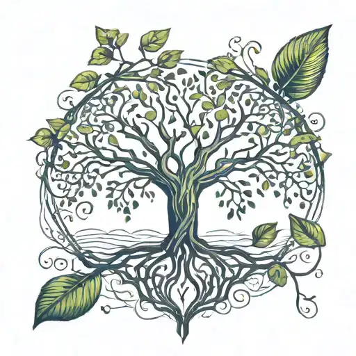 tree with 4 branches with two leaves in each branch with roots shaped into a heart and water at the base of the tree tattoo design idea