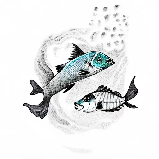 Mother and child Pisces fish swimming together in a dark underwater scene tattoo design idea