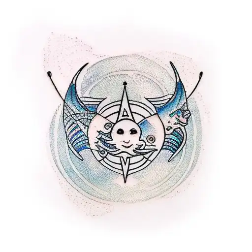 Traditional style tattoo of a Pisces symbol with a dark mermaid silhouette incorporated tattoo design idea