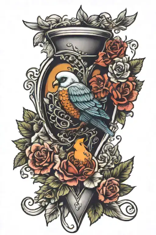 half of a heart with birds and an old fashioned cocktail tattoo design idea