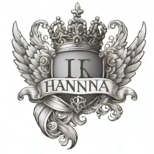 angel wings, princess crown and the name Hannia tattoo design idea