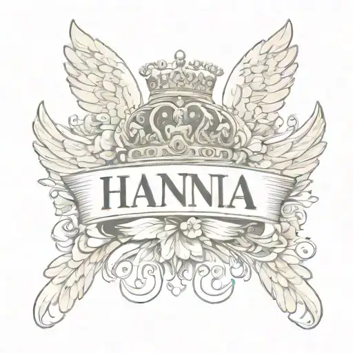 angel wings, princess crown and the name Hannia tattoo design idea