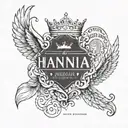angel wings, princess crown and the name Hannia tattoo design idea