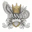 angel wings, princess crown and the name Hannia tattoo design idea