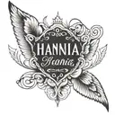 angel wings, princess crown and the name Hannia tattoo design idea
