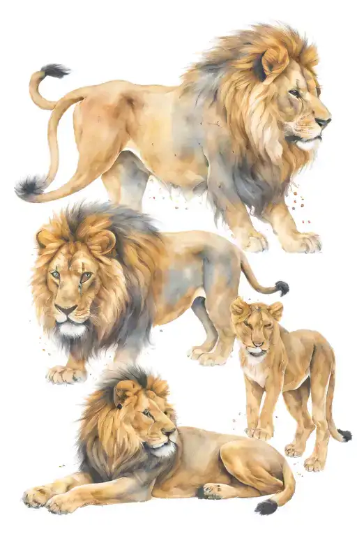 adult male lion protecting his three cubs tattoo design idea