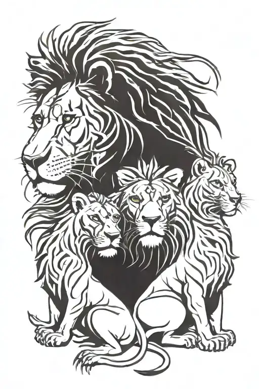 adult male lion protecting his three cubs playing tattoo design idea