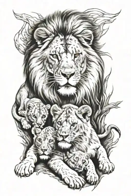 adult male lion protecting his three cubs playing tattoo design idea