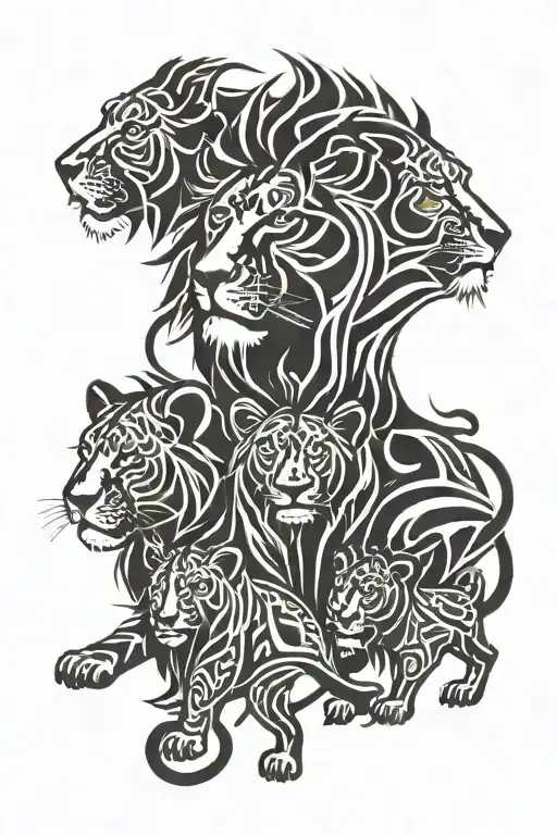 male lion and 3 cubs playing tattoo design idea