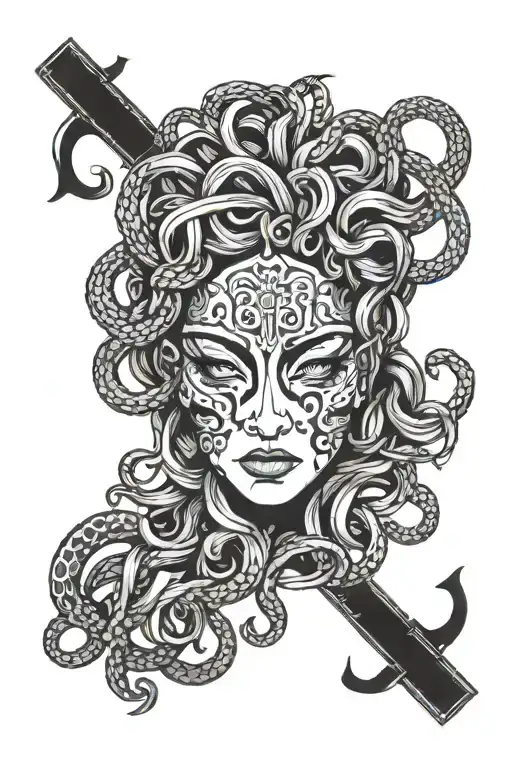 Sad Medusa Face mask broken tattoo design idea