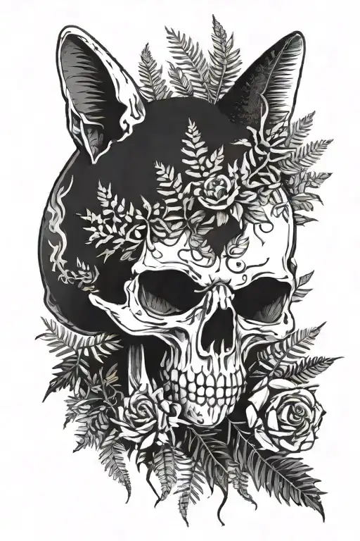 Cat skull with fern growing around and a small roly poly bug  tattoo design idea