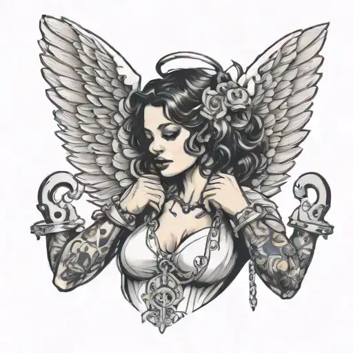 woman angel handcuffs tattoo design idea