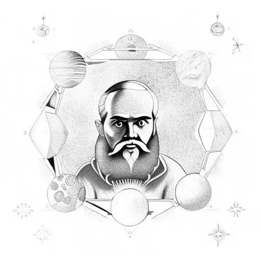 A detailed tattoo of Galileo observing the stars through a telescope, with intricate geometric patterns in the background tattoo design idea