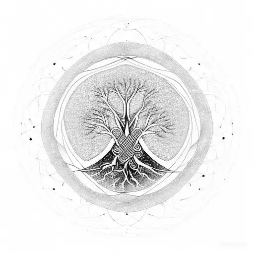 A geometric representation of the Tree of Life intertwined with constellations and celestial bodies tattoo design idea