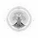 A geometric representation of the Tree of Life intertwined with constellations and celestial bodies tattoo design idea