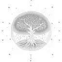 A geometric representation of the Tree of Life intertwined with constellations and celestial bodies tattoo design idea