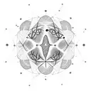 A geometric representation of the Tree of Life intertwined with constellations and celestial bodies tattoo design idea