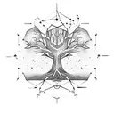 A geometric representation of the Tree of Life intertwined with constellations and celestial bodies tattoo design idea