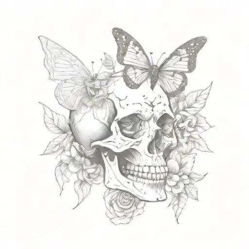 butterfly skull flowers dog tattoo design idea