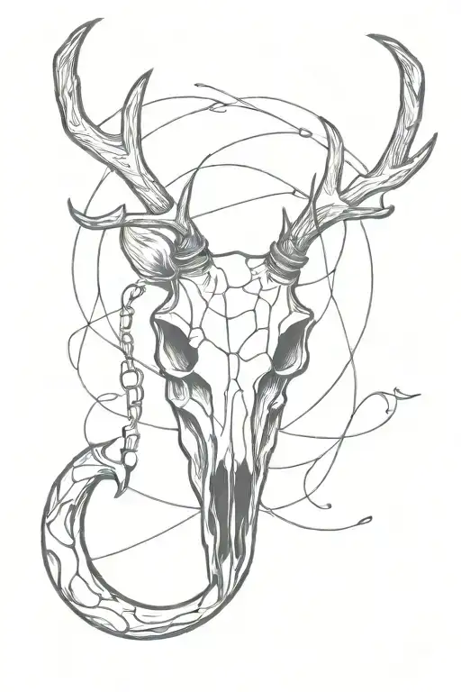 A minimalist tattoo of a deer skull intertwined with a fishing hook, symbolizing the client's love for hunting and fishing tattoo design idea